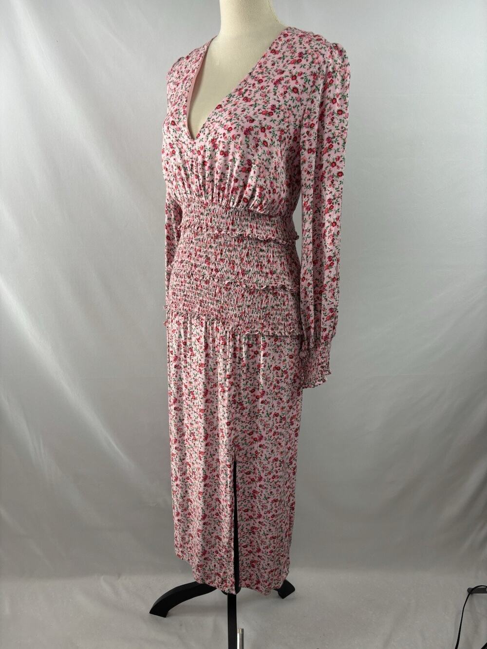 AFRM Hazel Midi Dress Pink Red Floral Medium V-neck Long Sleeve Slit